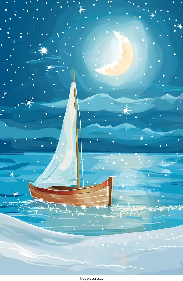 Night Sky with Boat and Crescent Moon