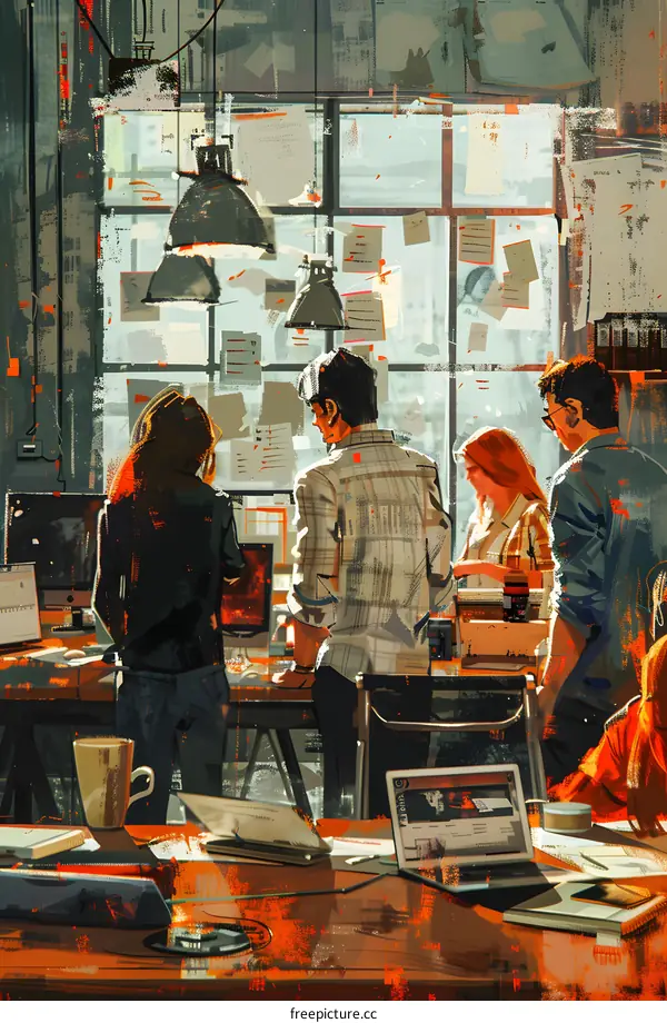 Four people are working together in an office