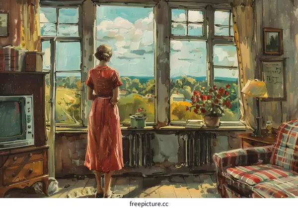 A woman standing in front of a window looking at the scenery outside