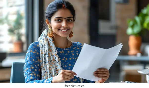 Indian Woman Reading Documents in Modern Office