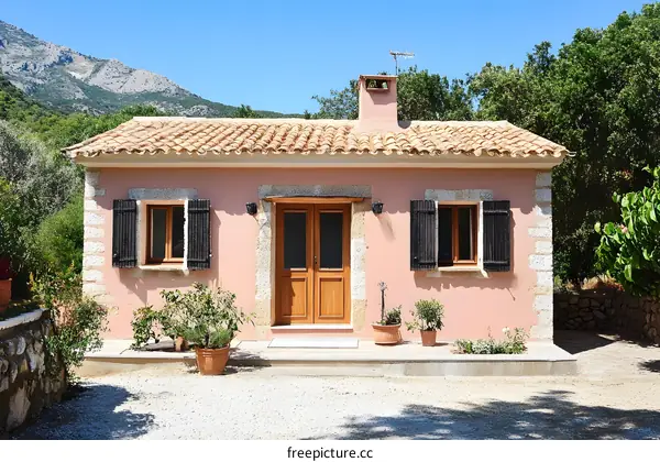 Pink Mediterranean House With A Stone Path And Lush Greenery