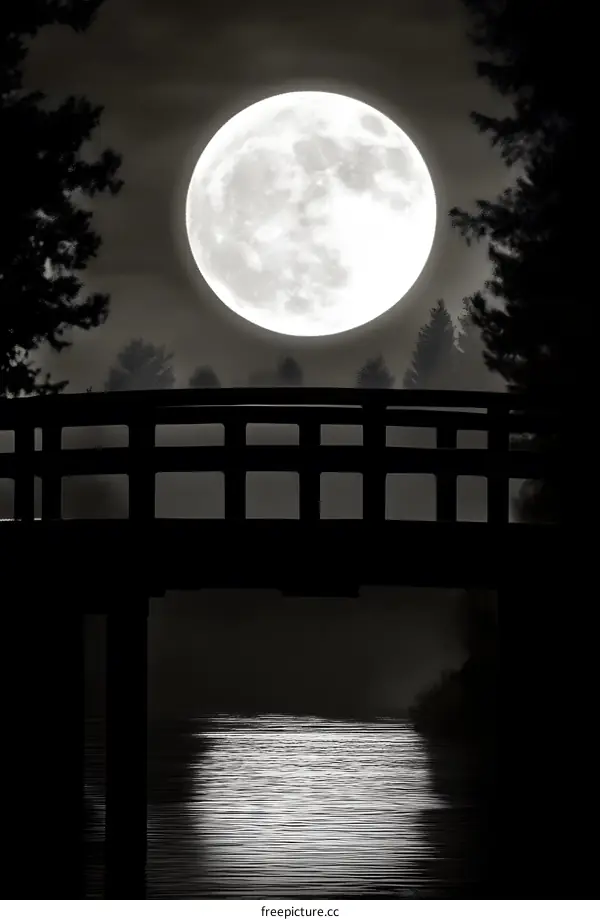 Silhouette of a Bridge Under a Full Moon