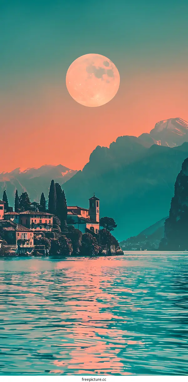 Lake Como Italy Buildings Water Sunset Full Moon