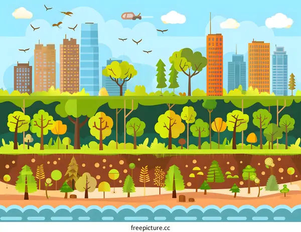 Flat Illustration of a Cityscape with Layers of Forest and Trees