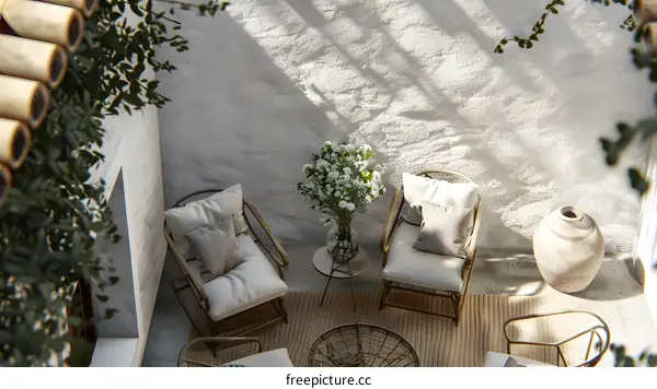 Minimalist Patio With White Flowers In A Vase