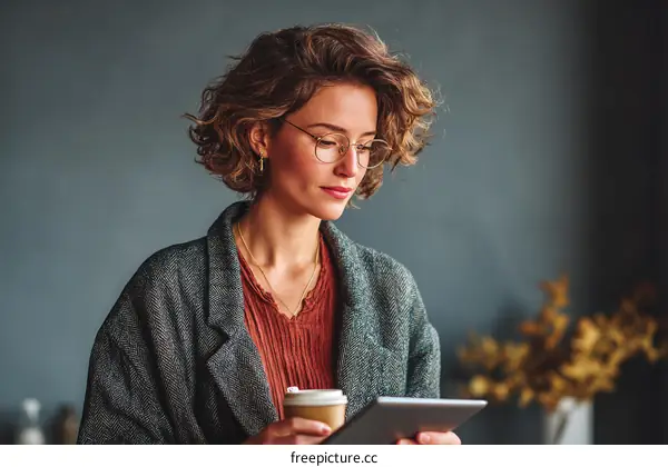 Woman working on digital tablet in cafe