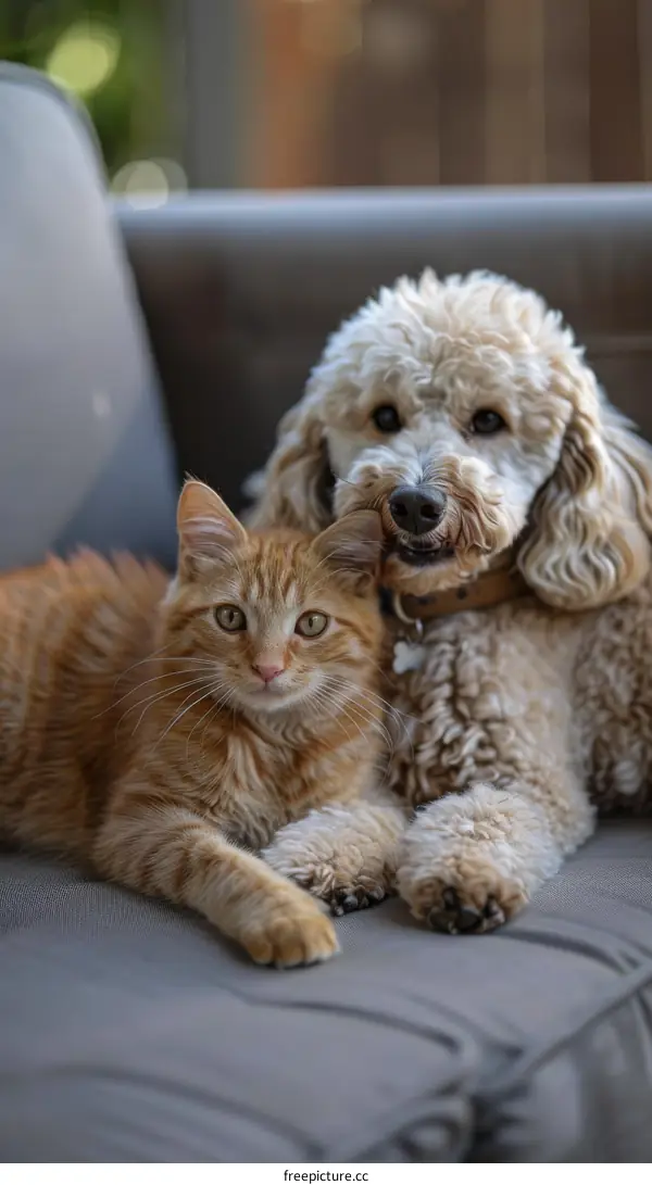 A ginger cat and a poodle dog are sitting together on a couch