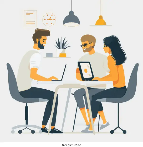 Three people are sitting around a table having a meeting