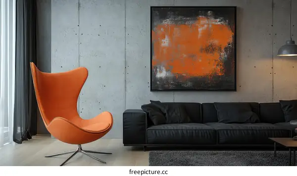 Modern Concrete Living Room Interior Design with Orange Egg Chair