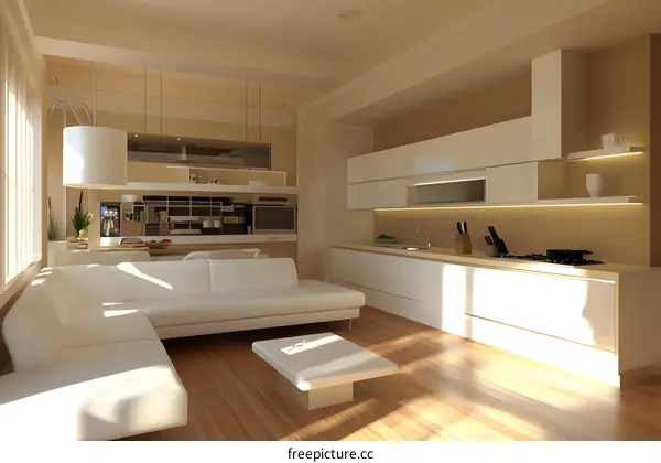 Modern Kitchen Interior Design with White Cabinets and L Shaped Sofa