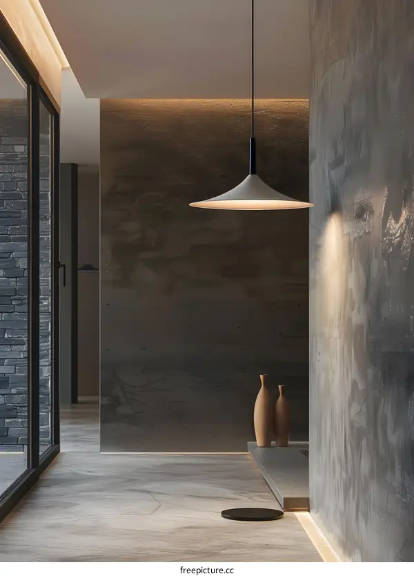 Modern Minimalist Interior Design with Hanging Lamp and Concrete Walls