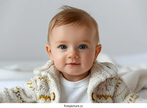 Baby with Blue Eyes and Knitted Cardigan