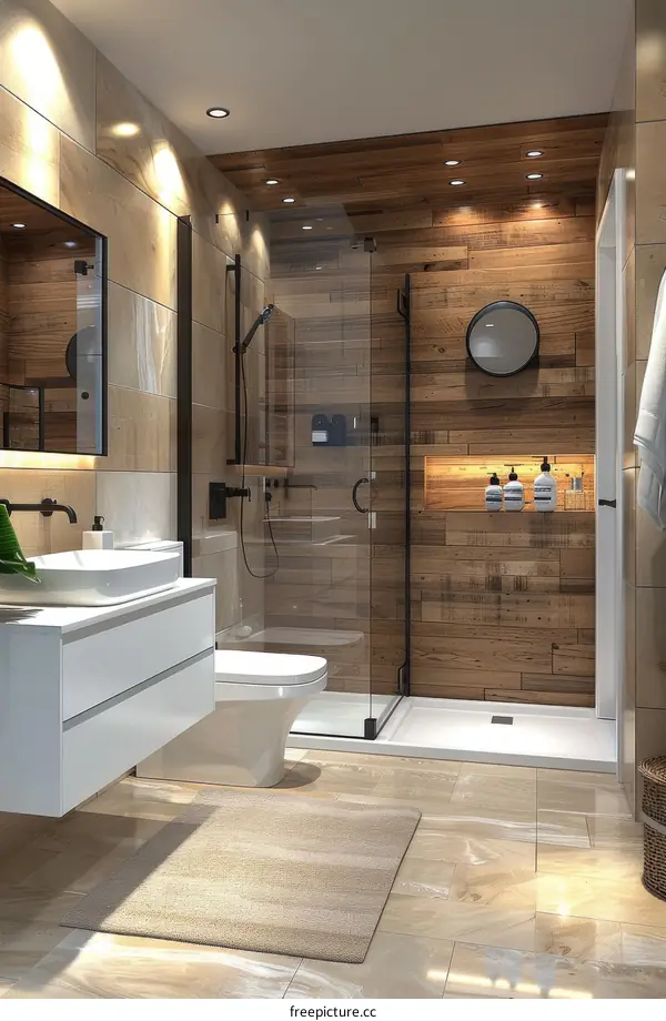 Modern Bathroom with Wood Wall and Stone Tiles