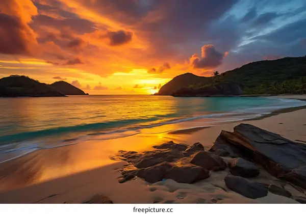 Beach sunset landscape with orange sky and blue sea