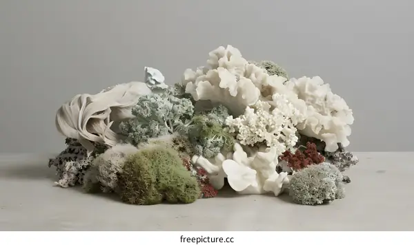 White Coral and Moss Still Life on Neutral Background