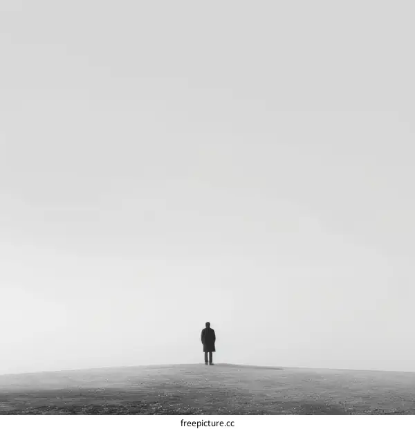 Man standing alone in a foggy landscape