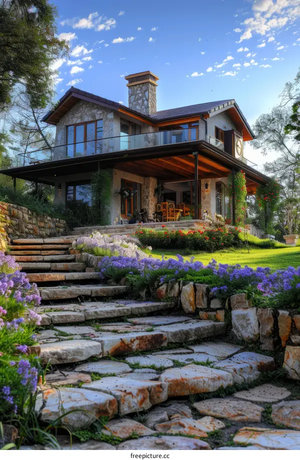 Stone and Wood Cottage with Garden and Flowers
