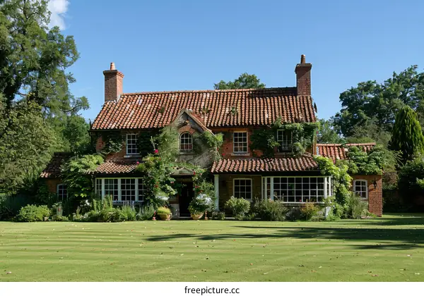 A Serene Country Cottage in England with Red Brick Exterior and Tiled Roof