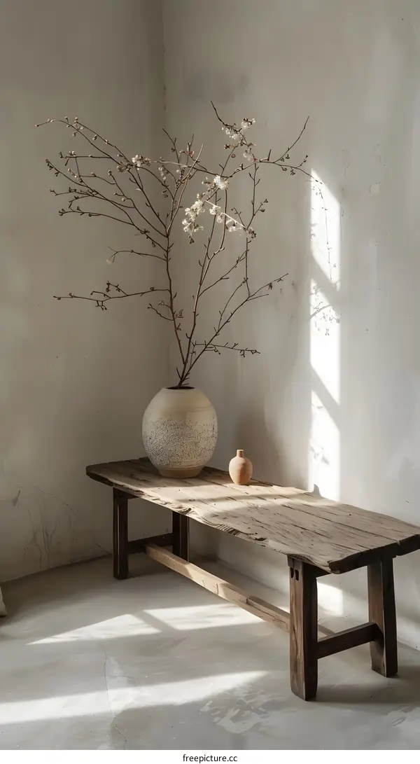 Minimalist Home Decor with a Vase and Flowers on a Wooden Bench