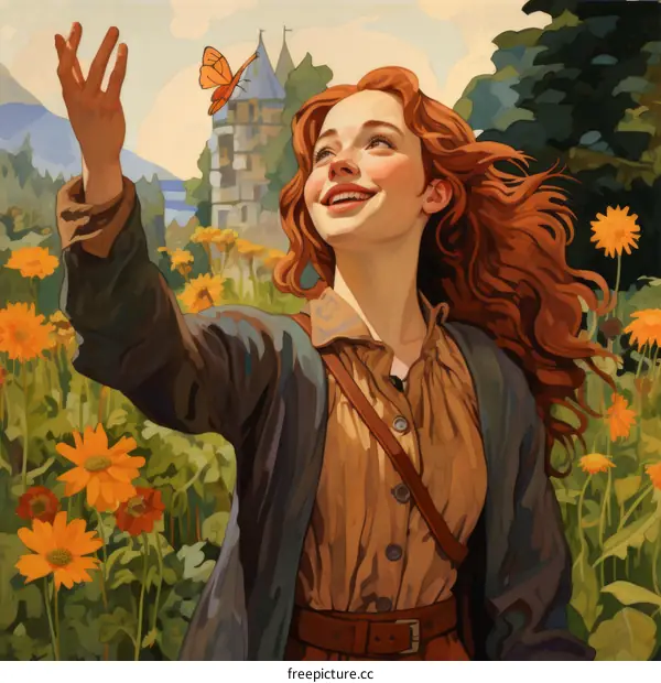 Girl with red hair reaching for butterfly in a field of flowers