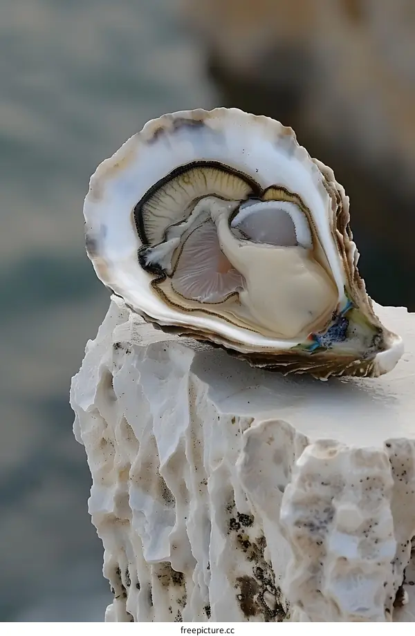 An opened oyster on a stone with blurred ocean in the background