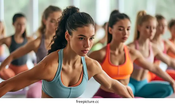 Group of young women practicing yoga in a studio