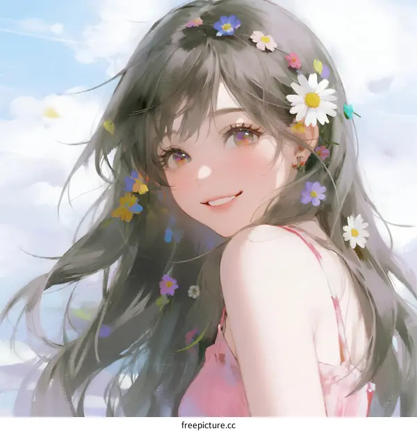 A Young Girl with Long Hair Adorned with Colorful Flowers in the Wind