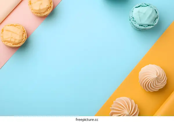Pastel Colored Macarons and Meringues on a Blue and Yellow Background