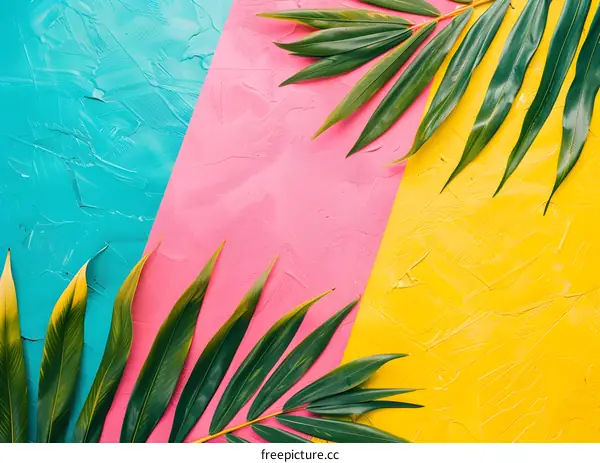 Tropical Palm Leaves on Colorful Background