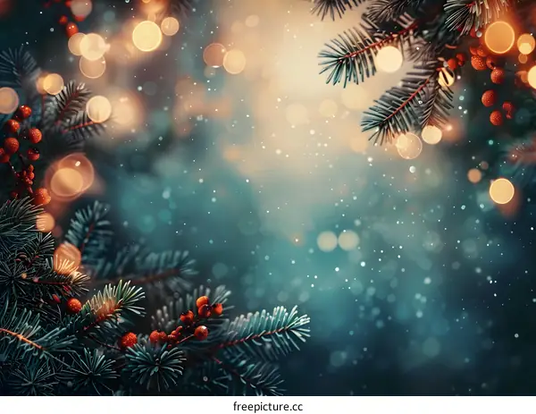 Christmas background with fir branches and red berries.