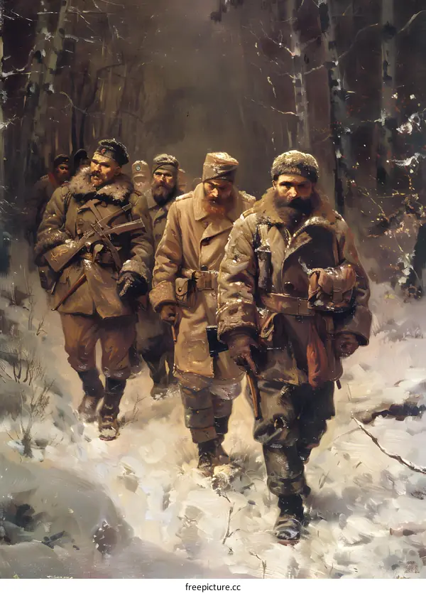 Winter landscape with five soldiers in warm clothes walking in the snow