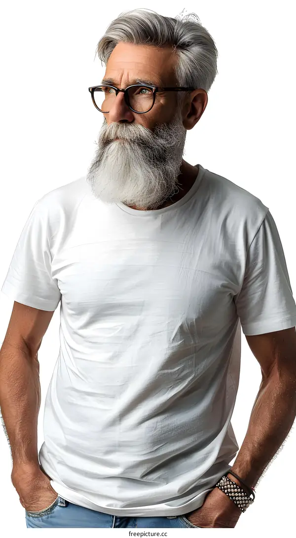 Portrait of a Senior Man with a Long White Beard, Wearing Glasses and a White T-Shirt