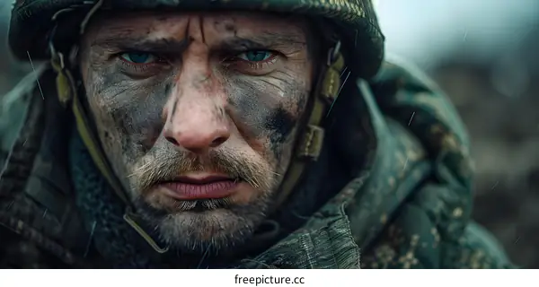 Portrait of a soldier with a beard and blue eyes