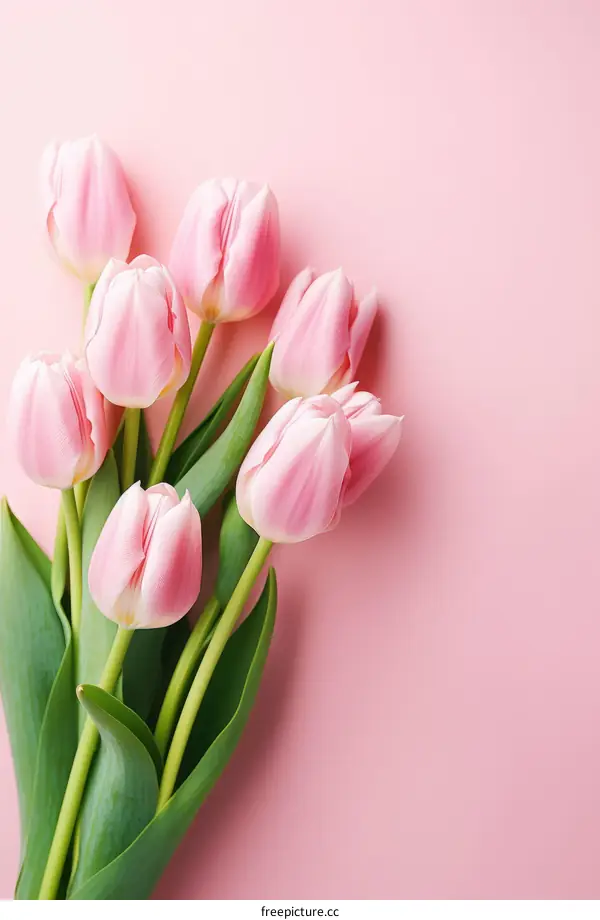 A bouquet of pink tulips on a pink background