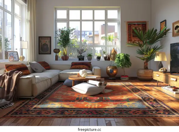 Cozy Bohemian Home Decor with Vibrant Textiles and Greenery