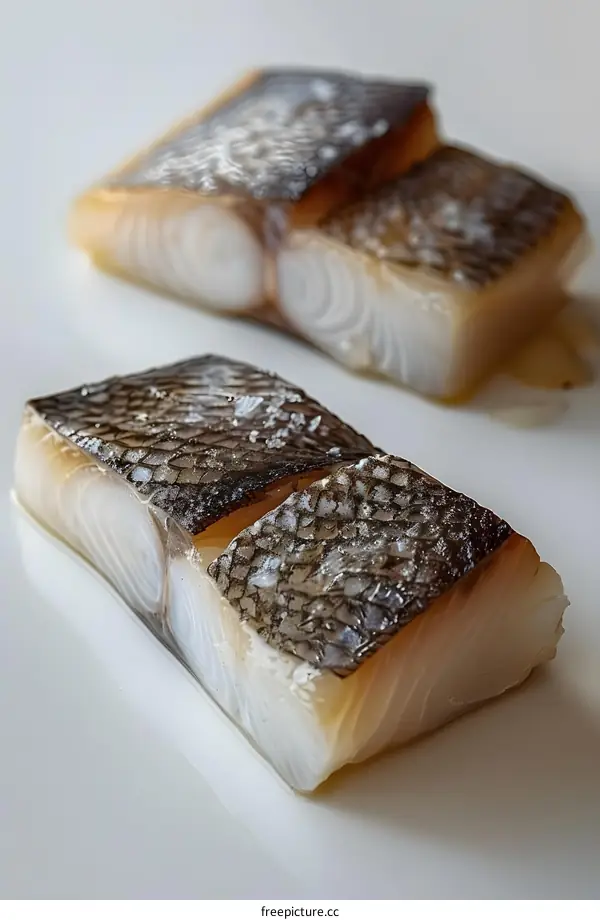 Three pieces of raw fish fillet on a white background