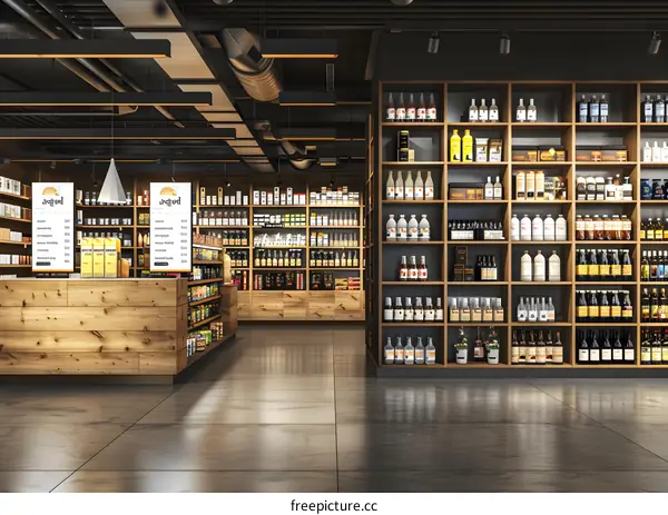 Modern Grocery Store Interior Design With Wooden Shelves