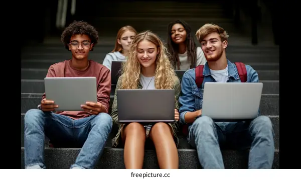 Diverse Students Studying on Campus Steps