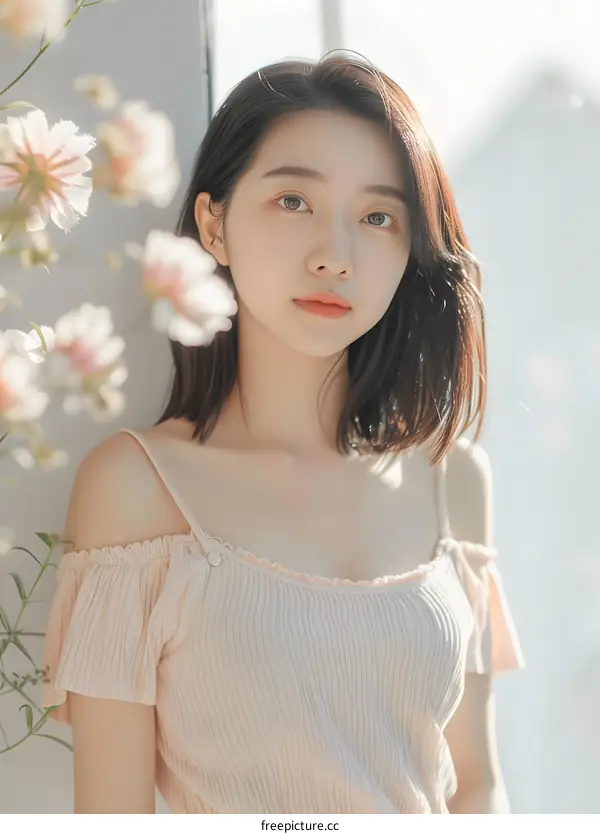 Beautiful Asian Woman with Flowers in Hair