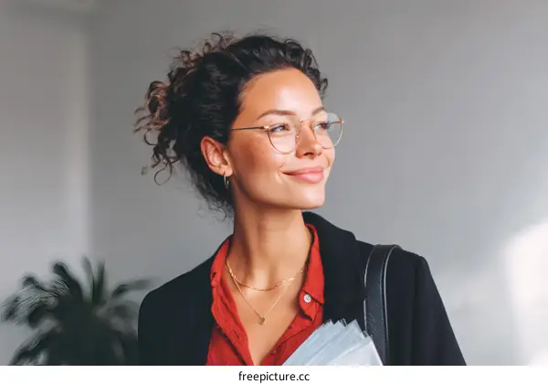 Confident Woman with Glasses in Thoughtful Pose