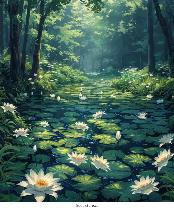 Enchanted Forest Pond with Glowing Water Lilies