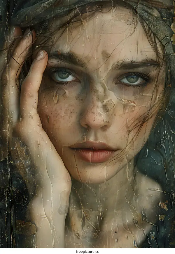 Closeup Portrait of a Young Woman With Freckles Through Glass