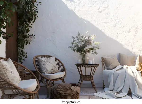 Modern Minimalist Patio Design With Wicker Furniture And Greenery