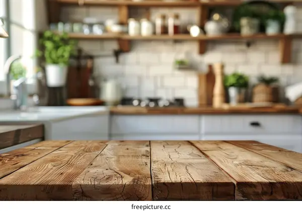 Rustic wooden table in a modern kitchen interior