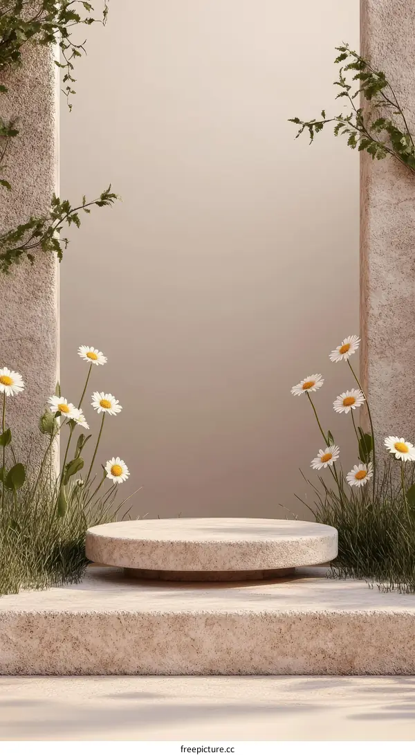 Beige Stone Product Display with Daisies
