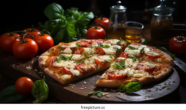 A delicious pizza with fresh tomatoes, basil, and mozzarella cheese