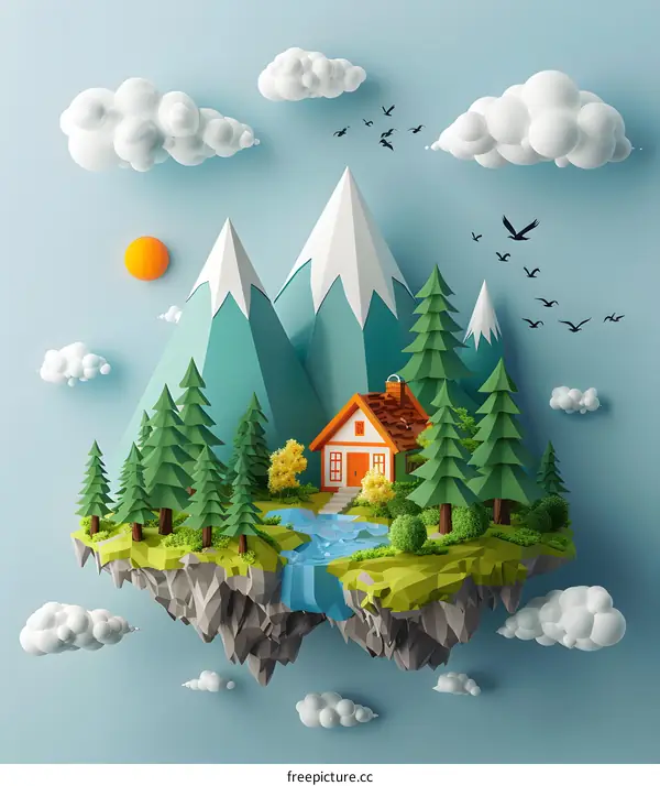 A small house on an island floating in the sky