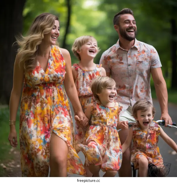 Happy family of five walking in the park