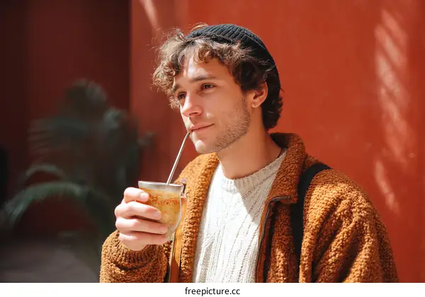 Young Man Enjoying Beverage Outdoors