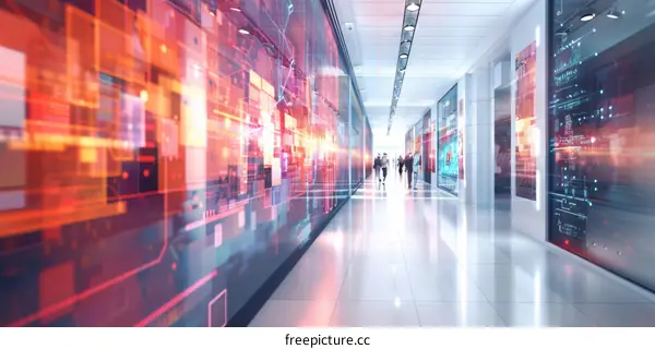 Futuristic Technology Background with People Walking in Digital Tunnel